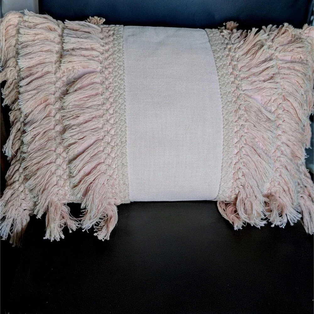 Macrame Fringe Blush Pink Decorative Oblong Throw Pillow 10x18